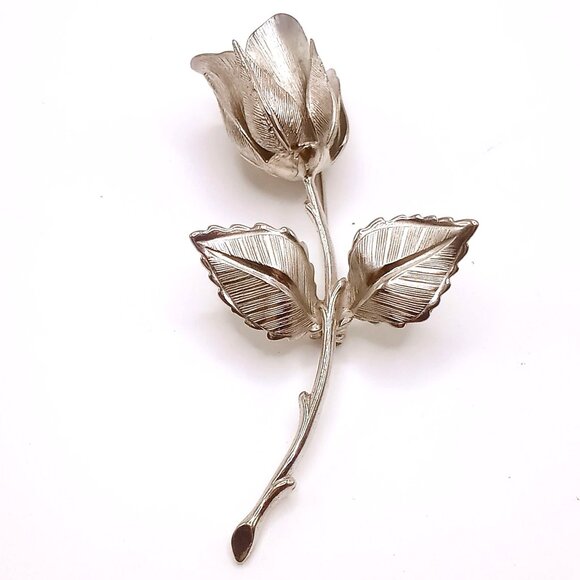 Vintage Giovanni Brooch Silver Tone Rose Textured Detail Leaves Stem Design Pin - Picture 1 of 12